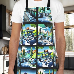 Camping Picnic BBQ Cookout Apron, Love to Camper Grill Gift for Cabin, Outdoor Forest Nature Lover Outdoorsman Cook Comic Book Camp Theme