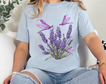 Dragonfly Wildflower Garden Core T-shirt Ladies Plus Size Summer Top Love Dragonflies Lavender Lilac Floral Nature Lover Graphic Tee Shirt