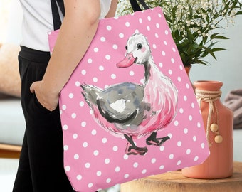 Duck Polka Dot Retro Pink Coquette Tote Bag, Vintage Aesthetic Travel Bag Ladies Accessories, Cartoon Watercolor Water Bird Party Favor Gift