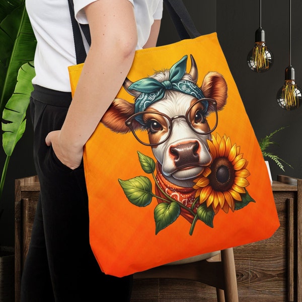 Cow Sunflower Gardener Tote Bag, Farmcore Flower Garden Party Favor Gift Bag, Farmer Floral Mama Retro Cowgirl Ladies Girl Teenager Bookbag