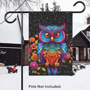 Owl Garden Flag – Celestial Wildlife Outdoor Yard Banner | Seasonal Lawn Decor | Animal Housewarming Gift | Space  Flower Themed Garden Sign