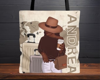 Personalized Black Girl Travel Tote Bag, Custom Name Coffee Lover Bag, Afrocentric Airport Fashion Gift World Traveler Bookbag Shopping Sack