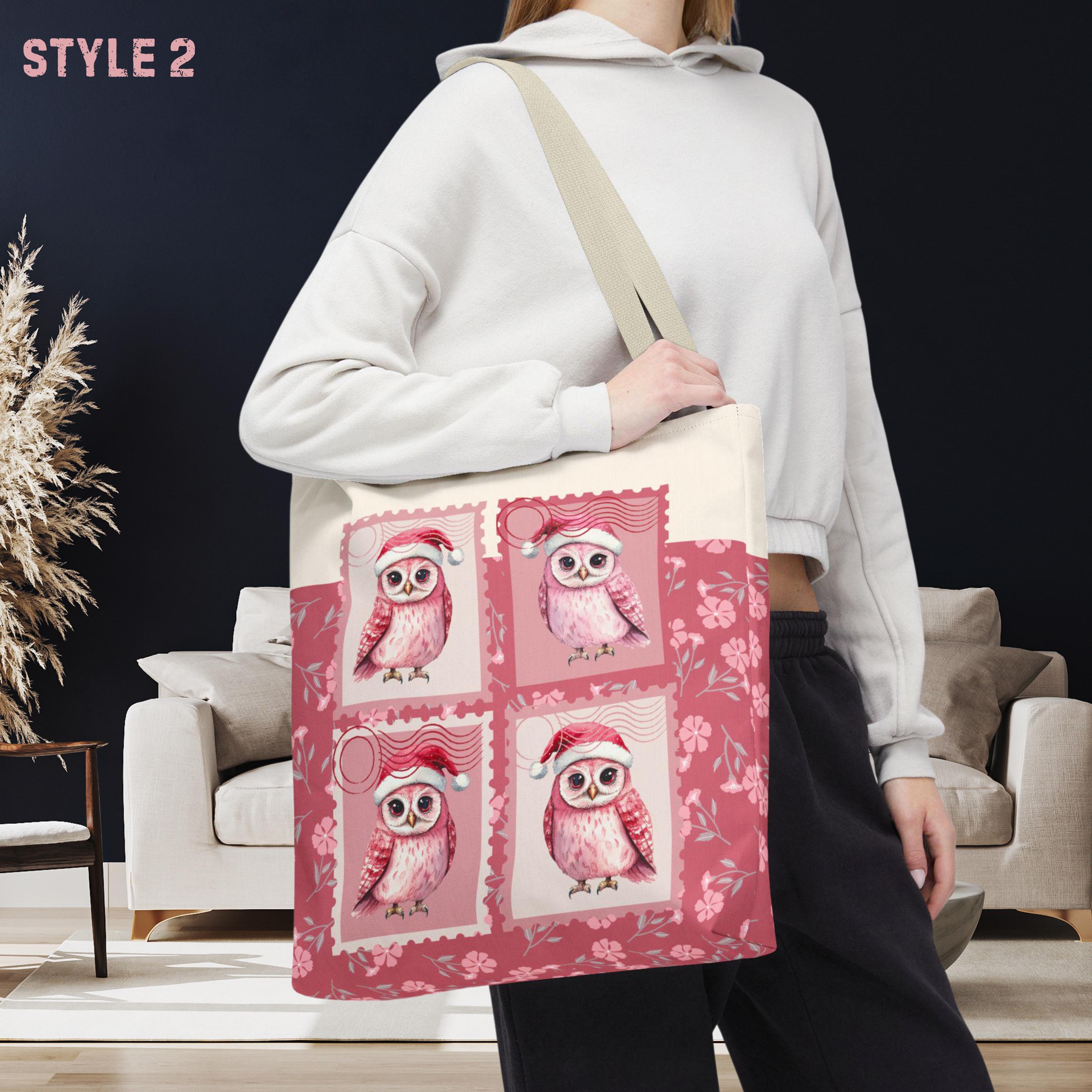 Christmas Owl Tote Bag | Postage stamp Pink Holiday Shopper Floral Santa Hat Owl | Gift Bag for Te
