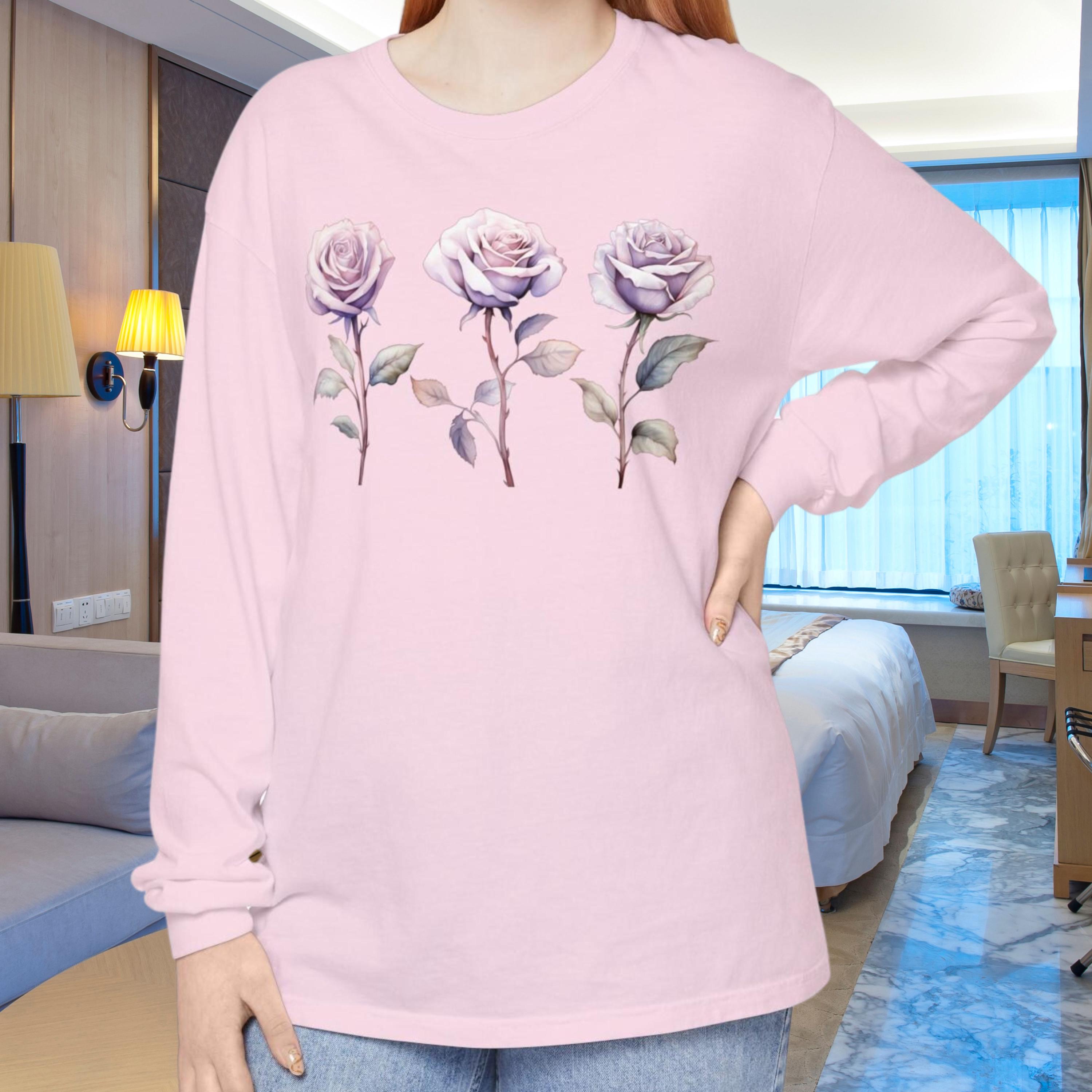 Purple Rose Long Sleeve T-shirt, Floral Lilac Rose Top, Grandma