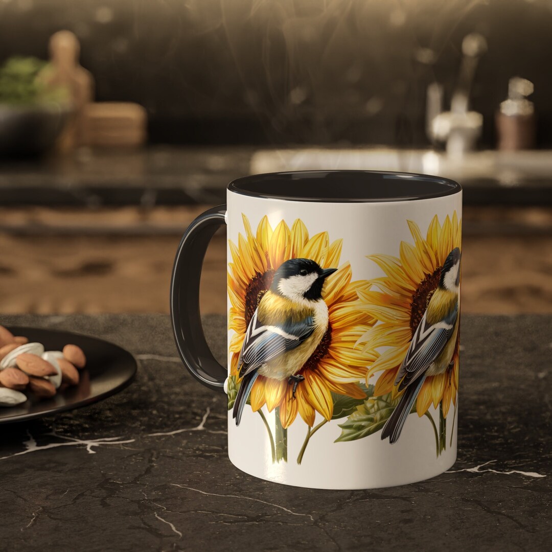 Yellow Sunflower Bird Mug, Large Bird Coffee Cup Drinkware, Summer