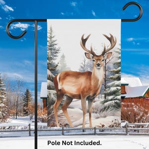 Winter Buck House Banner, Snowy Forest Deer Garden Flag Nature Lover Forest Animal Outdoor Home Decor Rustic Cabin Campsite Lawn Decoration