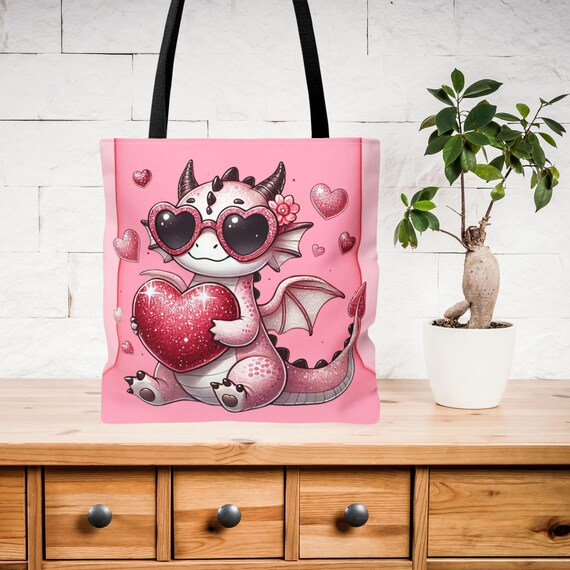 Pink Dinasaur Valentine Heart Tote Bag, Girls Retro Prehistoric