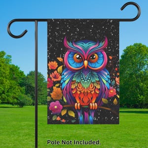 Owl Garden Flag – Celestial Wildlife Outdoor Yard Banner | Seasonal Lawn Decor | Animal Housewarming Gift | Space  Flower Themed Garden Sign