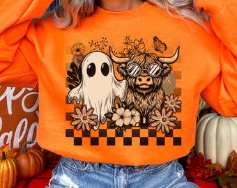 Highland Cow Ghost Sweatshirt, Retro Halloween Fall Crewneck, Cute Spooky Season Floral Pullover, Cozy Checkered Cowgirl Aesthetic Top