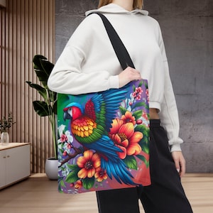 Macaw Parrot Tropical Flower Tote Bag, Colorful Wildlife Bird Lover Travel Accessory, Bird Gift for Birdwatcher, Back to School Workbag Gift