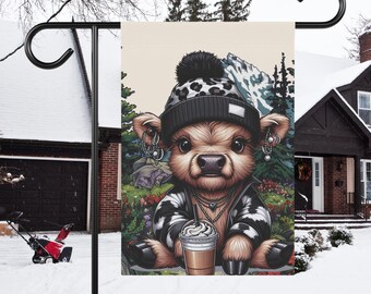 Urban Highland Cow Flag, Cute Mountain Animal Barnyard Banner, Outdoor Home Decor Lawn Decoration, Country Aesthetic Gift for New Homeowner