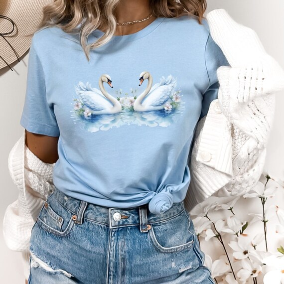 Swan Birds T-shirt, Lake Bird Gift for Her, Plus Size Women's