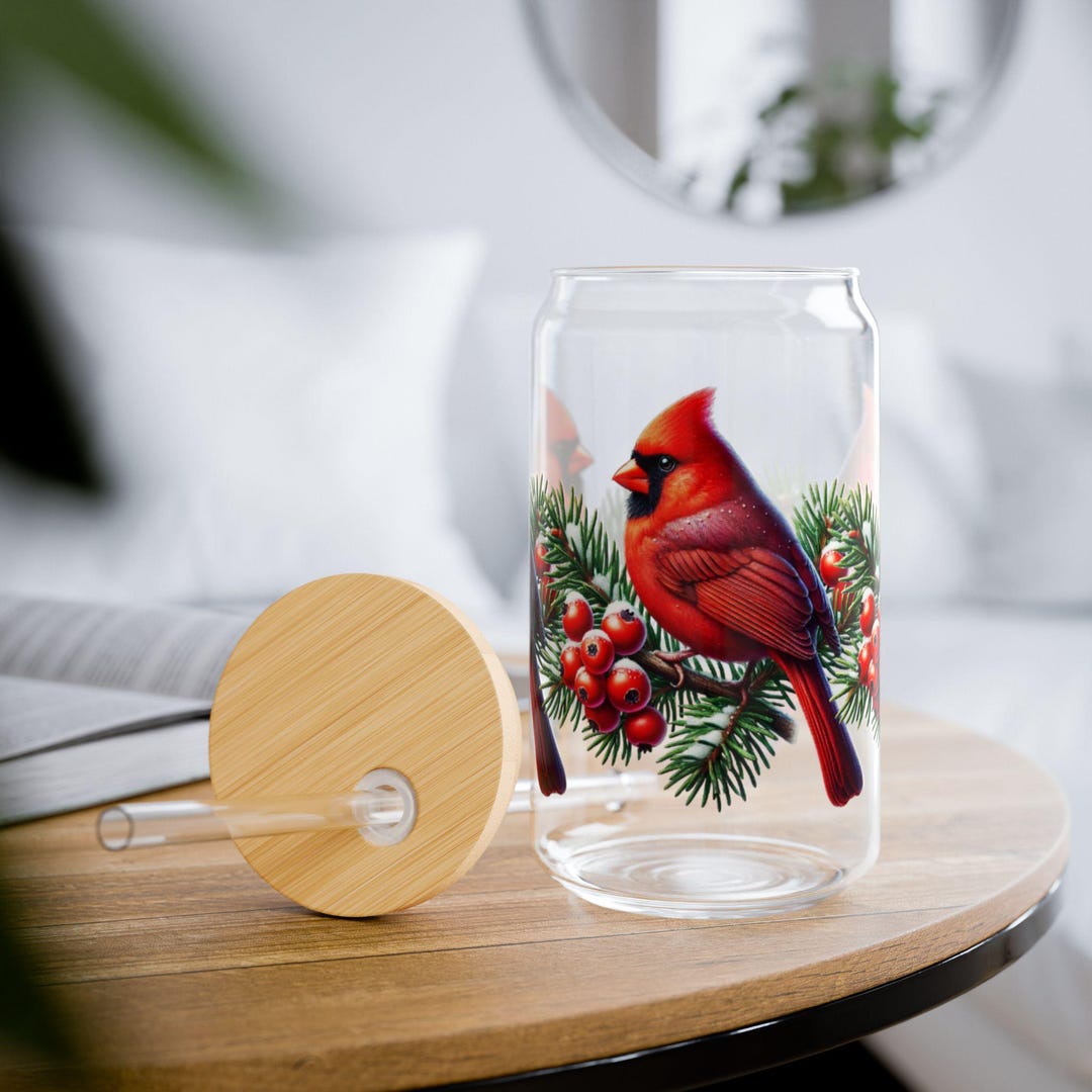 Cardinal Glass Can Cup With Bamboo Lid and Straw, 16 Oz Holiday Iced ...