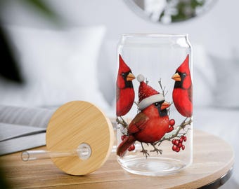 Christmas Cardinal Glass Can Cup with Lid & Straw, Holiday Bird Gift, Winter Red Cardinal Mug, Eco Drinkware, Nature Lover Glass
