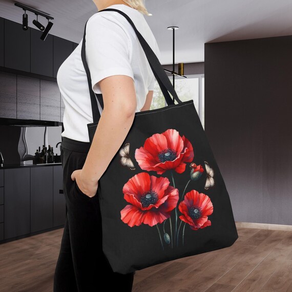 Butterfly Red Popi Flower Tote Bag, Wildflower Nature Lover