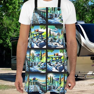 Camping Picnic BBQ Cookout Apron, Love to Camper Grill Gift for Cabin, Outdoor Forest Nature Lover Outdoorsman Cook Comic Book Camp Theme
