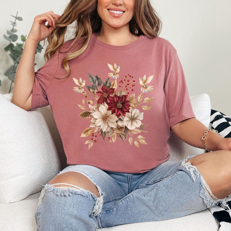 Hummingbird Poinsettia Tshirt, Christmas Flower Birdwatcher Shirt