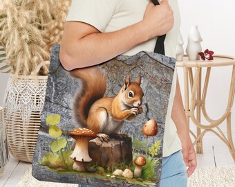 Squirrel Tote Bag, Wildlife Forest Animal Wilderness Mushroom Gift Bag for Him, Garden Rodent Man Bookbag Outdoorsman Unisex Travel Bookbag