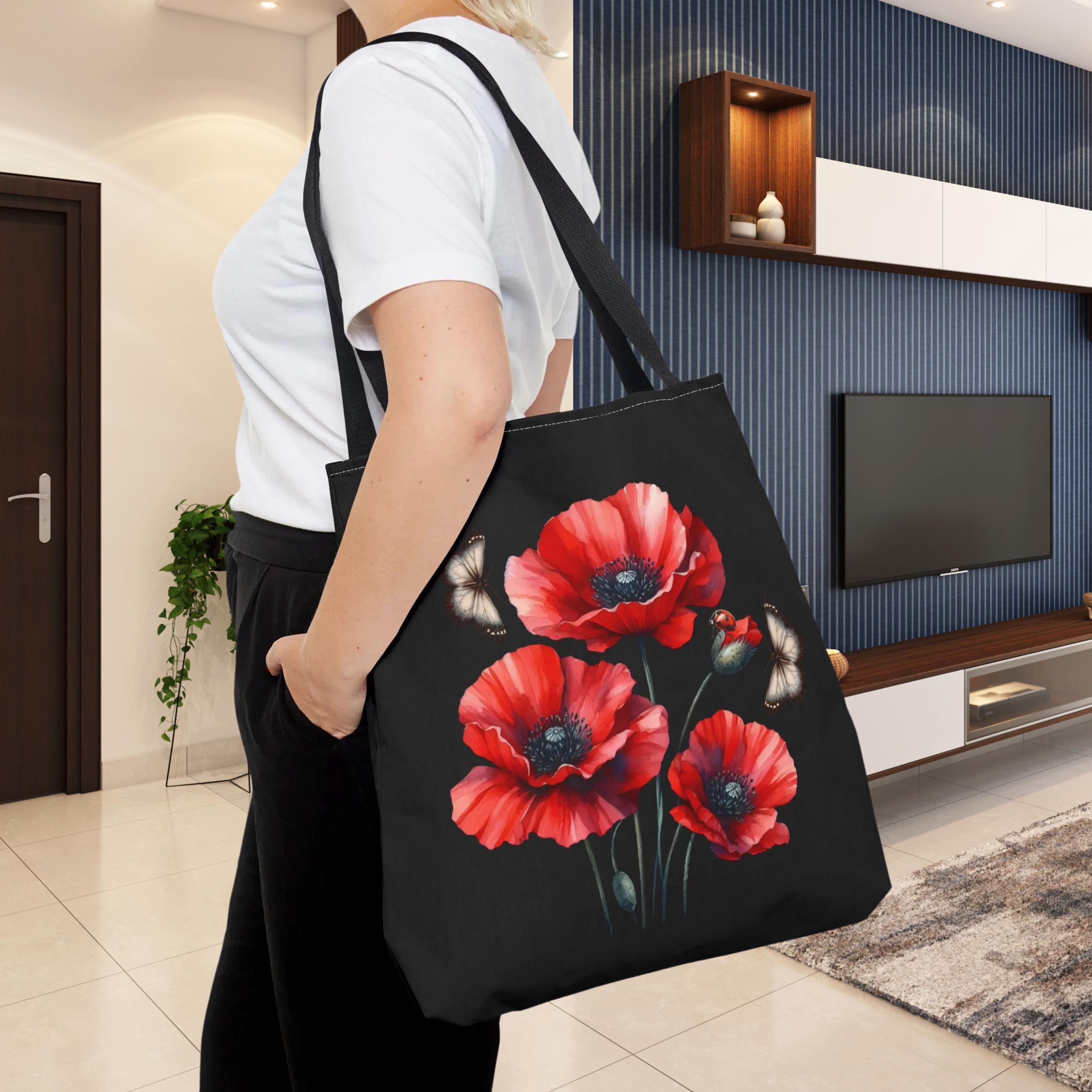 （カエサル）poppy Flower JACQUARD OFF Butterfly Red Popi Flower Tote Bag, Wildflower Nature Lover