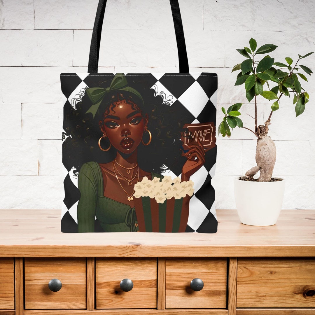 Black Girl Movie Buff Retro Tote Bag, Movie Night Valentine's Day Gift ...