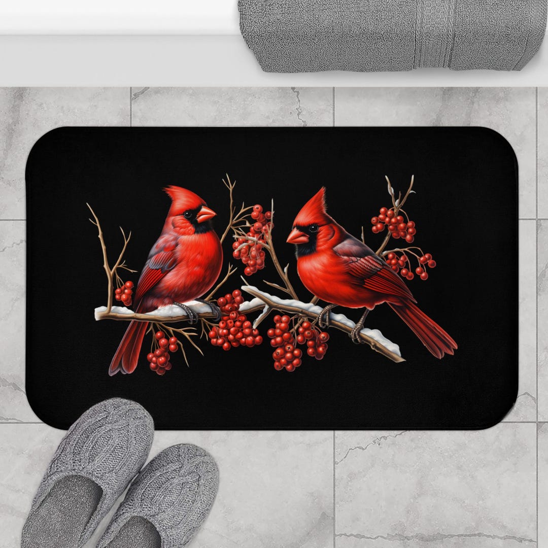 Cardinal Winter Redbird Bathmat, Holiday Rustic Christmas Bird Bathroom ...