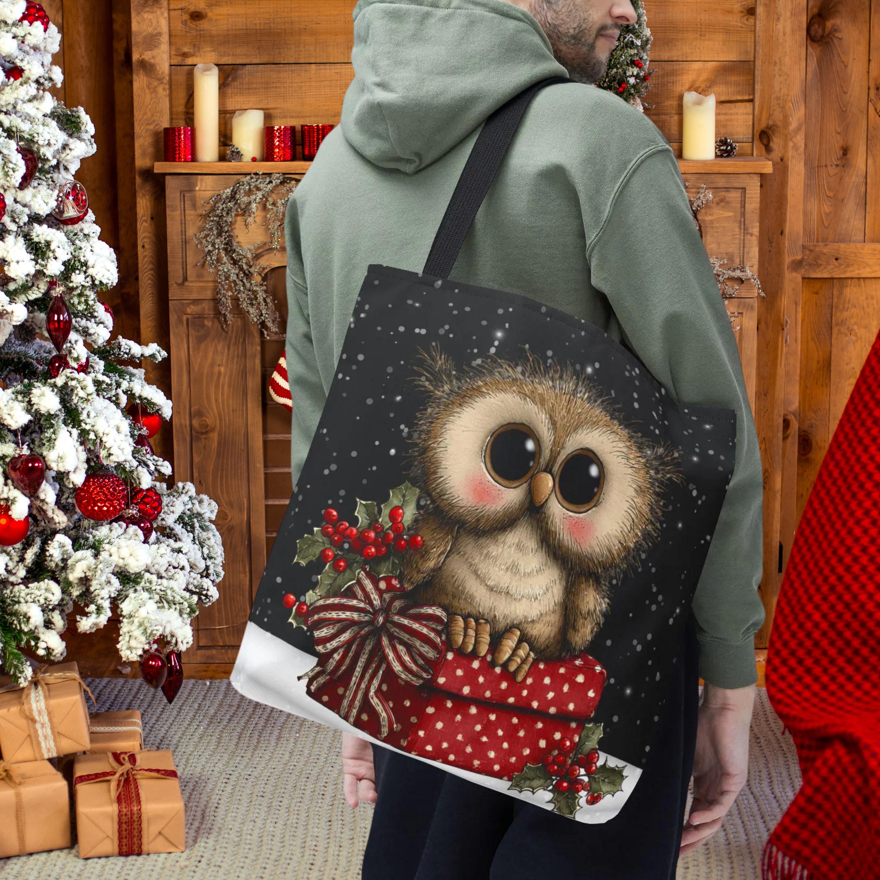 Christmas Owl Tote Bag, Cute Winter Snowy Owl Gift Bag, Woodland Holiday Shopper, Cozy Animal Lover 