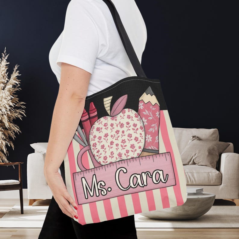 Personalized Teacher Tote Bag | Custom Name Apple & Pencil Design ...