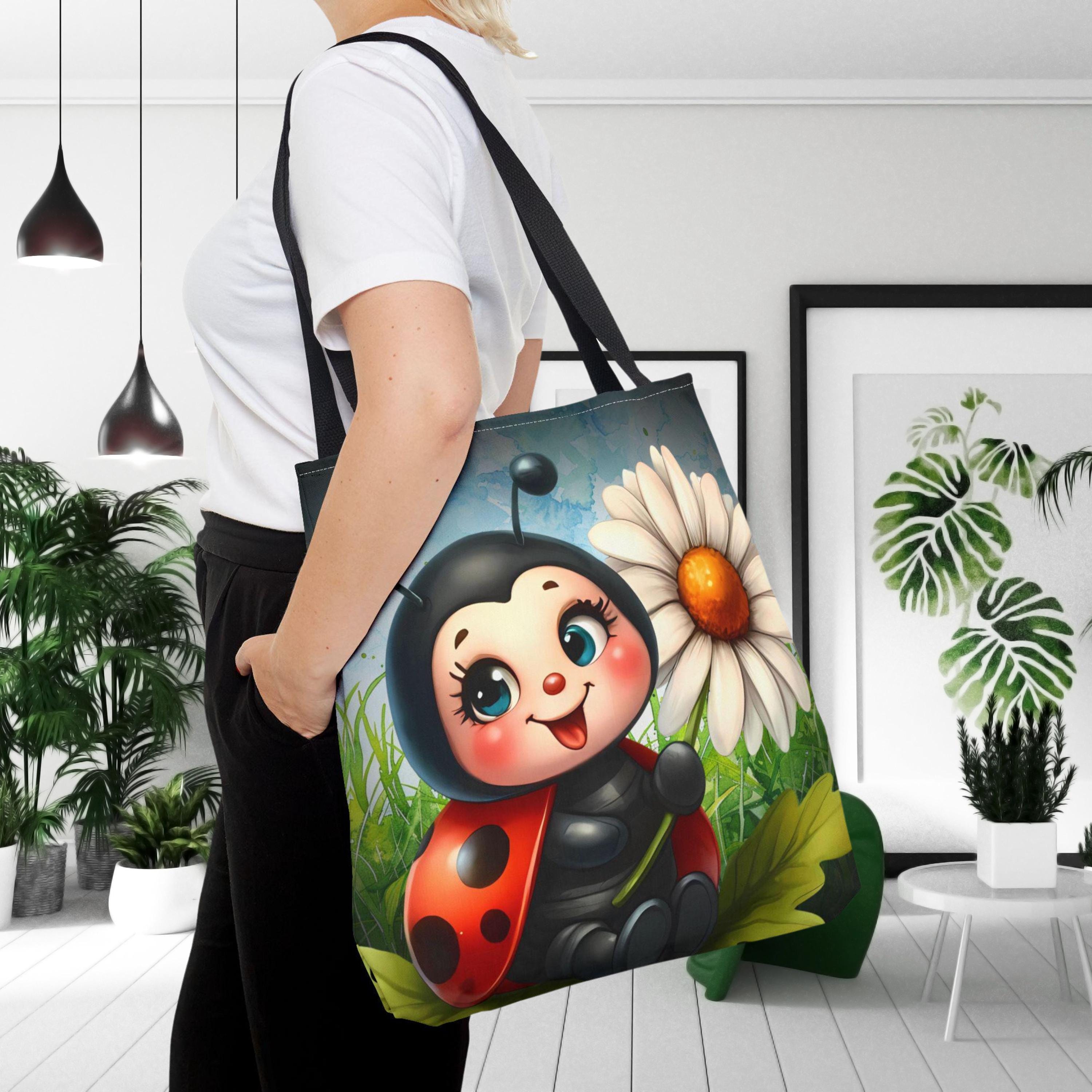 Ladybug Gardener Tote Bag, Cute Flower Garden Aesthetic Bag