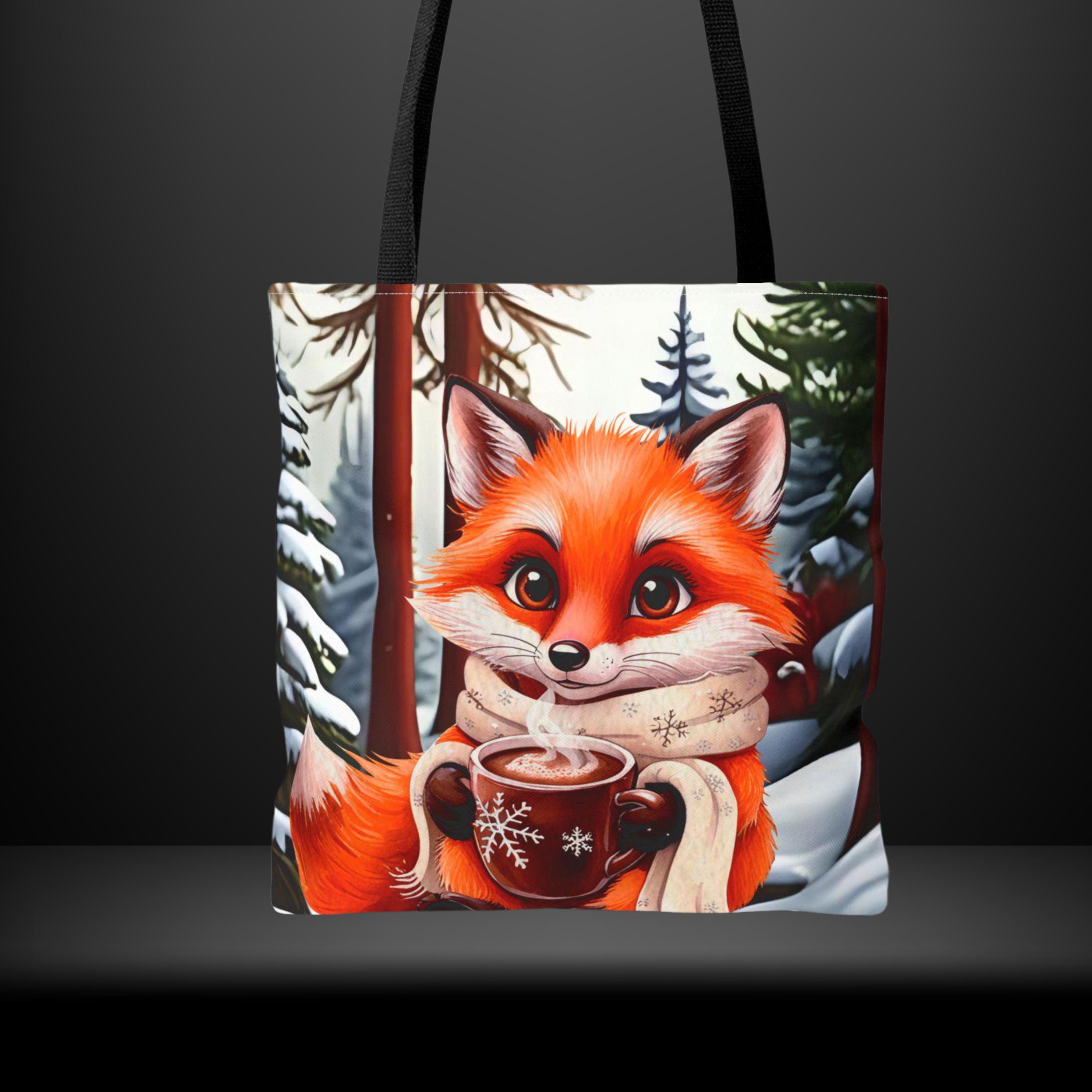 Red Fox Coffee Snowy Forest Tote Bag, Wildlife Anime Cartoon Animal ...
