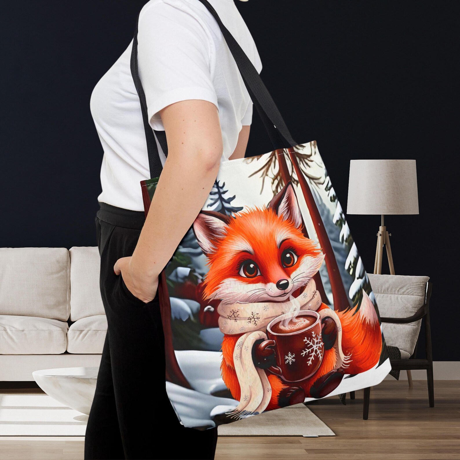 Red Fox Coffee Snowy Forest Tote Bag, Wildlife Anime Cartoon Animal ...