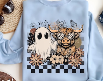Highland Cow Ghost Sweatshirt, Retro Halloween Fall Crewneck, Cute Spooky Season Floral Pullover, Cozy Checkered Cowgirl Aesthetic Top