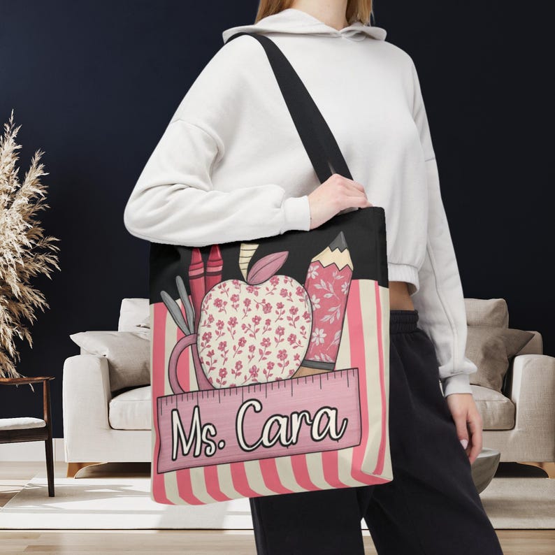 Personalized Teacher Tote Bag | Custom Name Apple & Pencil Design ...