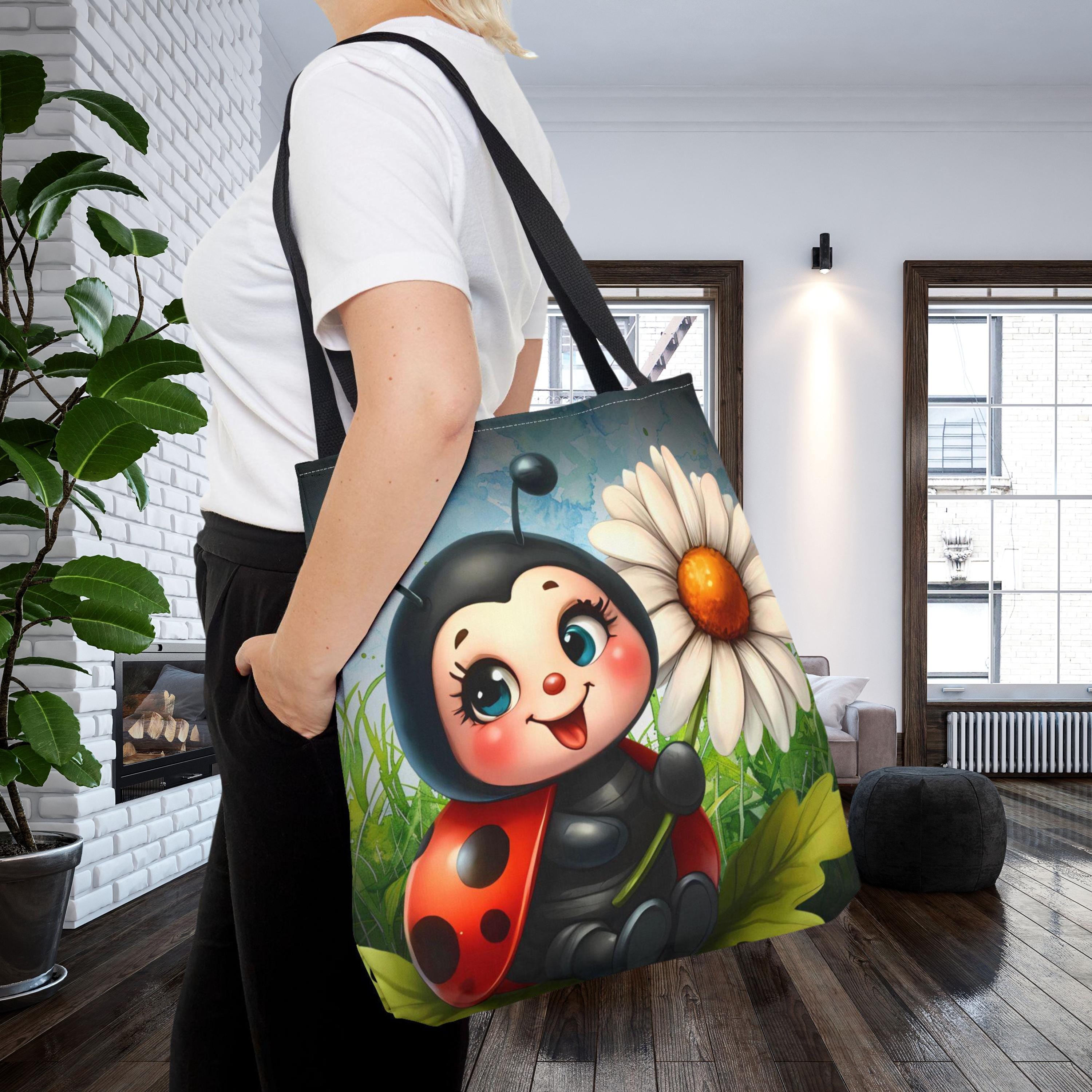 Ladybug Gardener Tote Bag, Cute Flower Garden Aesthetic Bag