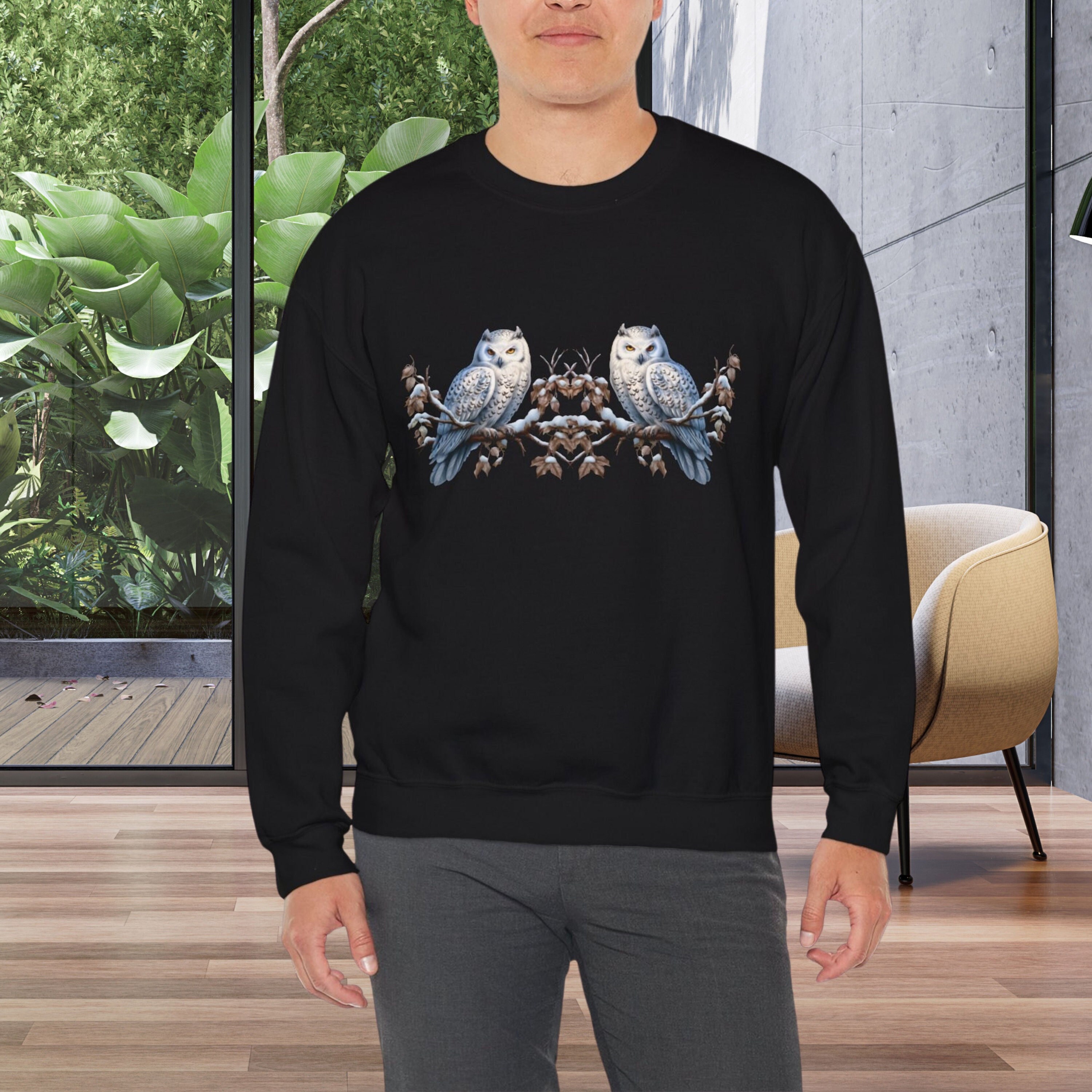 Owl Bird Sweatshirt, Unisex Gender-Neutral Plus Size Shirt, Winter Wildlife Forest Animal Birdwatche