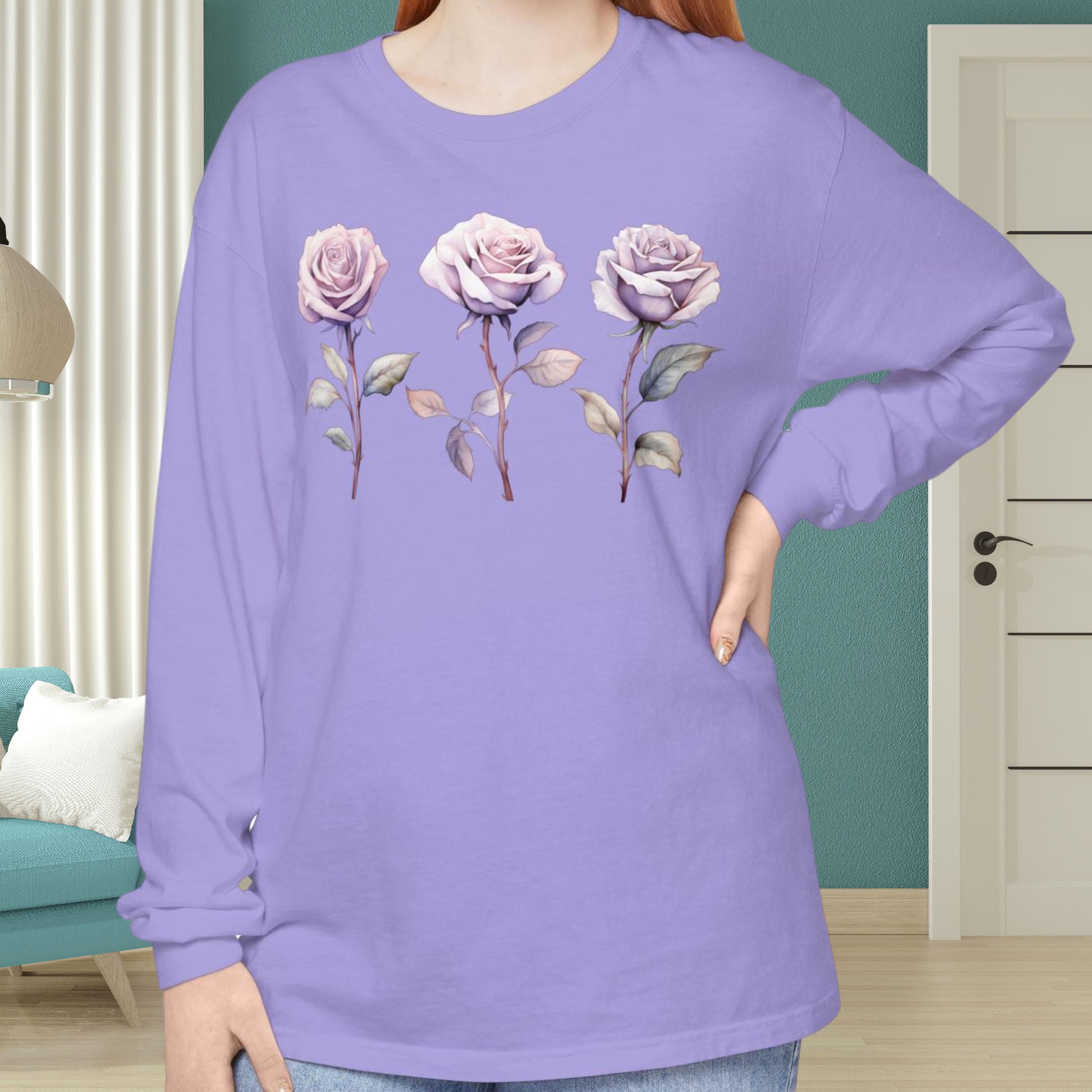Purple Rose Long Sleeve T-shirt, Floral Lilac Rose Top, Grandma