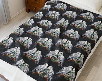 Owl Blanket with Winter Snowy Bird Woodland Forest Art