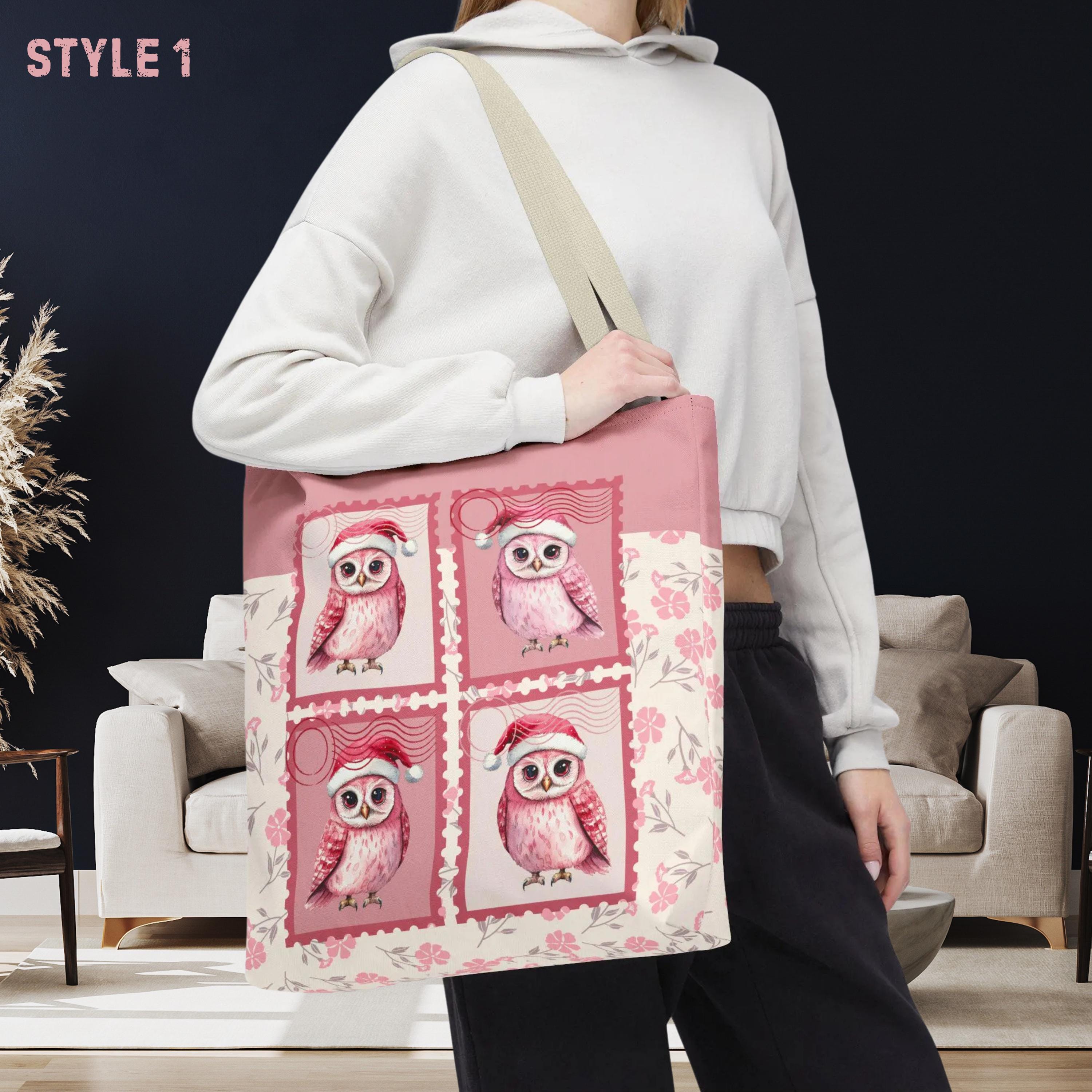 Christmas Owl Tote Bag | Postage stamp Pink Holiday Shopper Floral Santa Hat Owl  |  Gift Bag for Te