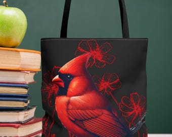 Cardinal Bird Red Flower Tote Bag, Birdwatcher Travel Accessory, Bird Lover Gift, Wildlife Wildflower Floral Reusable Shopping Market Bag