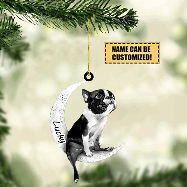 Boston Terrier sit on the Moon Ornament, Memorial Boston Terrier Ornament, Boston Terrier Car Hanging Decor, Boston Terrier For Dog Lovers