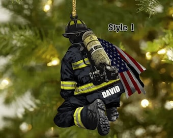 Personalized Firefighter and Fire Extinguisher Christmas Ornament for Fireman, US Flag Firefighter Ornament, Custom Acrylic Car Ornament