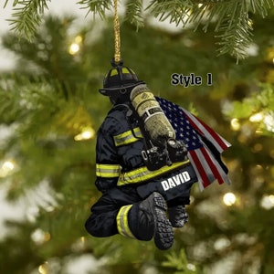 Personalized Firefighter and Fire Extinguisher Christmas Ornament for Fireman, US Flag Firefighter Ornament, Custom Acrylic Car Ornament