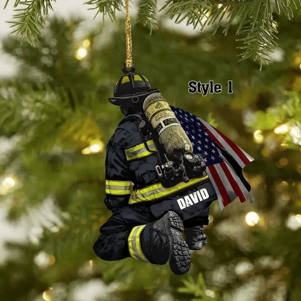 Personalisierter Feuerwehrmann und Feuerlöscher Weihnachtsverzierung für Feuerwehrmann, US-Flaggen-Feuerwehrmann-Verzierung, kundenspezifische Acrylauto-Verzierung
