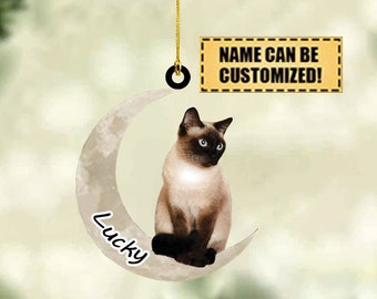 Siamese Cat Sits On The Moon Hanging Ornament, Siamese Cat Ornament, Grey Cat, Meowy Christmas, Cat Gift, Pet Gift, Christmas Cat Decor