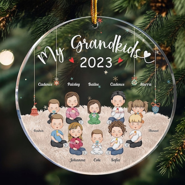 Cadeau de Noël pour grand-mère grand-père, ornement acrylique rond personnalisé de mes petits-enfants, petits-enfants personnalisés, cadeau pour maman papa, décor de Noël