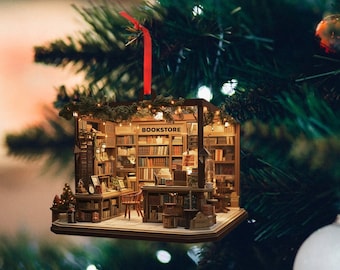 Ornement de librairie de Noël 2D plat acrylique amateur de livres ornement de Noël pour les amateurs de livres ornement de club de lecture livre cadeaux de Noël, BookGift