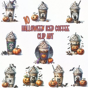 Halloween Iced Coffee Clipart PNG Bundle, Spooky Halloween Coffee Cup Sublimation PNGs, Witchy Pumpkin Drink Clip Art Set 300 DPI