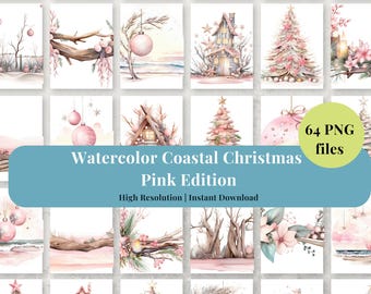 Watercolour Coastal Christmas Pink Edition Clip Art Bundle | Christmas at the Beach clipart png files | Commercial Use