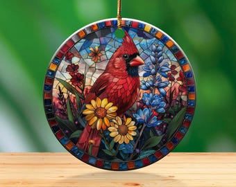 Faux Stained Glass Cardinal Ornament: Round Door Hanger (Sublimation PNG)