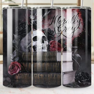 Morally Grey Tumbler Wrap, Gothic Skull and Books 20 Oz Skinny Tumbler Sublimation Design, Dark Academia PNG, Commercial Use