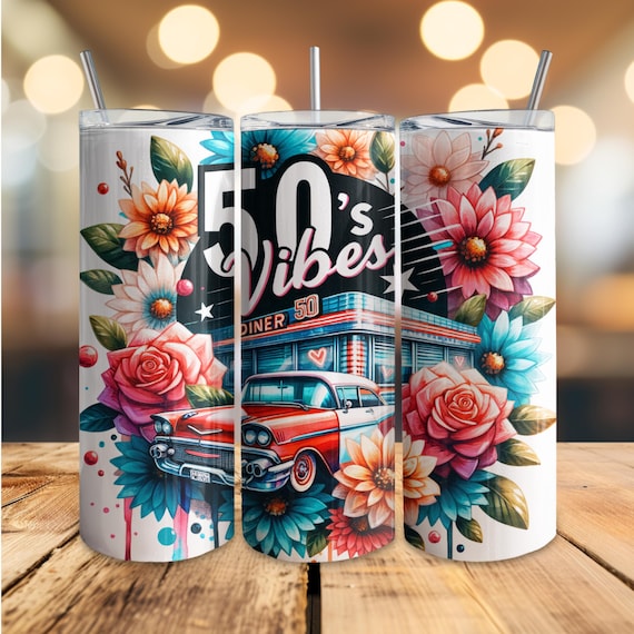 50s Vibes Retro Diner Tumbler Wrap, Vintage Car Floral